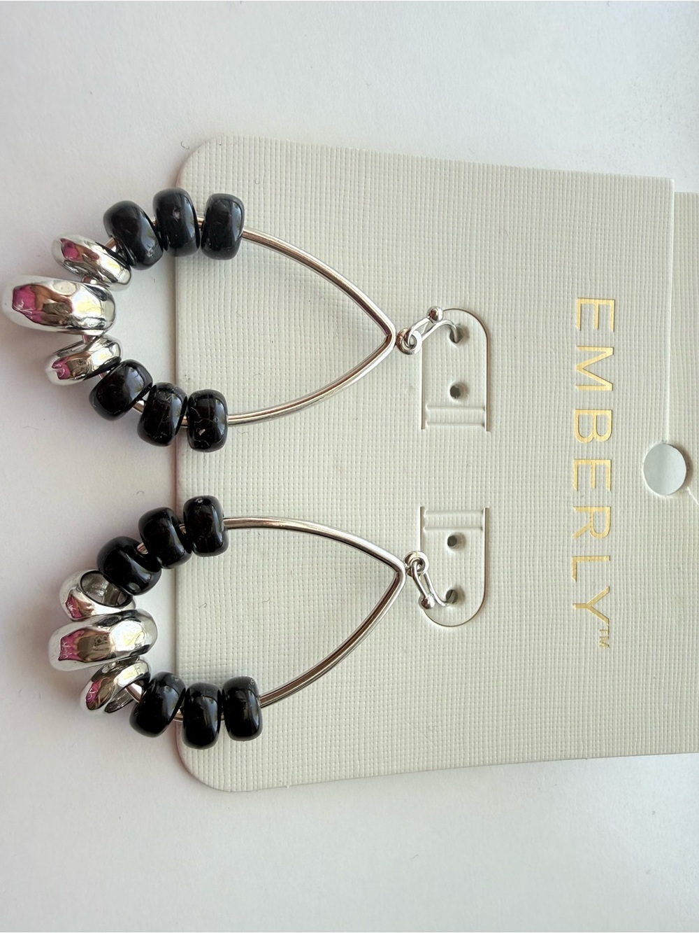 Emberly Black Bead Silver-Tone Teardrop Hoop Earrings